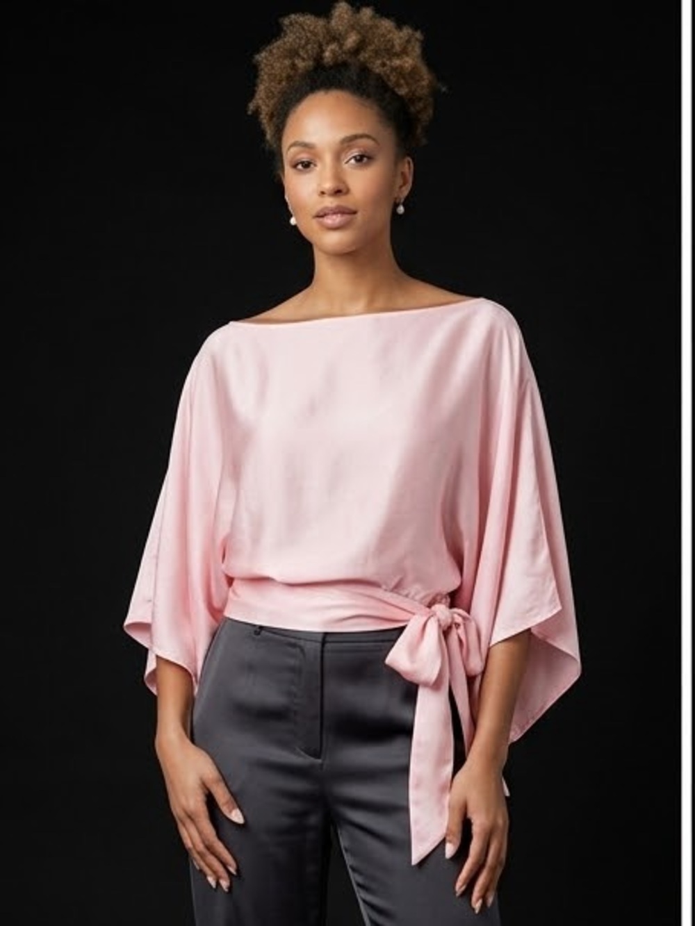 Cache Pink Satin Boatneck Tie-Waist Blouse